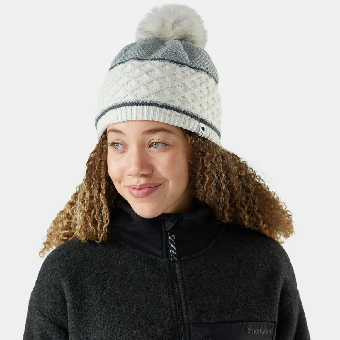 Cable Knit Colorblock Pom Beanie
